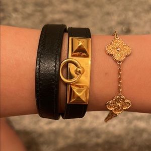 Hermes double wrap leather bracelet with gold